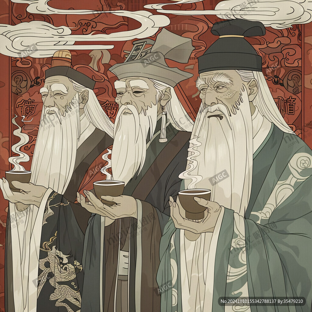 三位神仙品茶圖