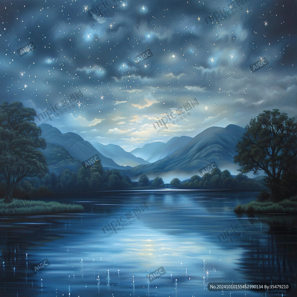 插畫夜景湖泊
