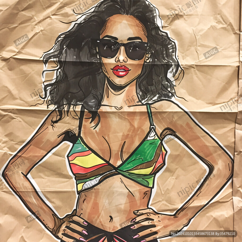 手繪比基尼美女插畫