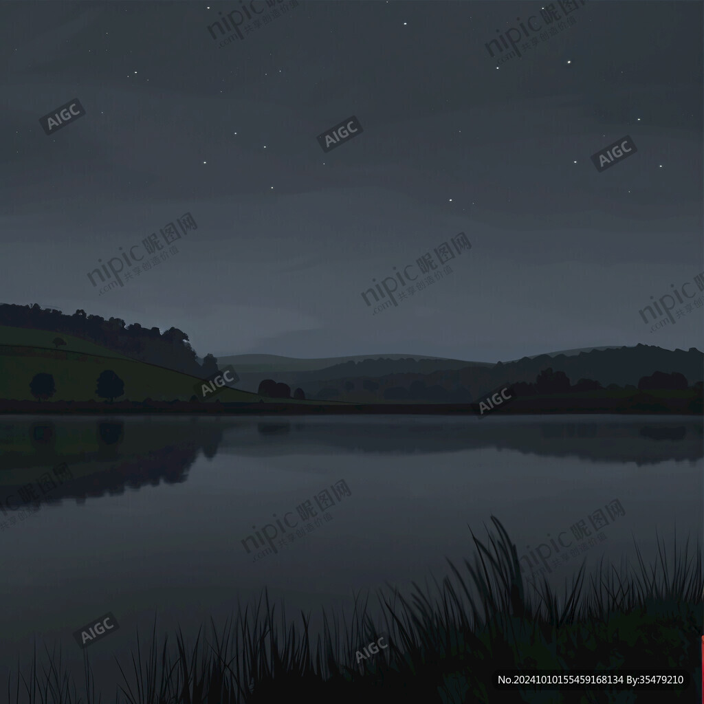 插畫(huà)夜景湖泊