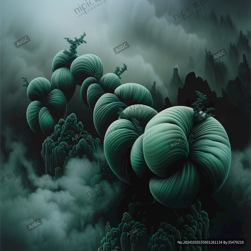 國潮靈芝山水插畫