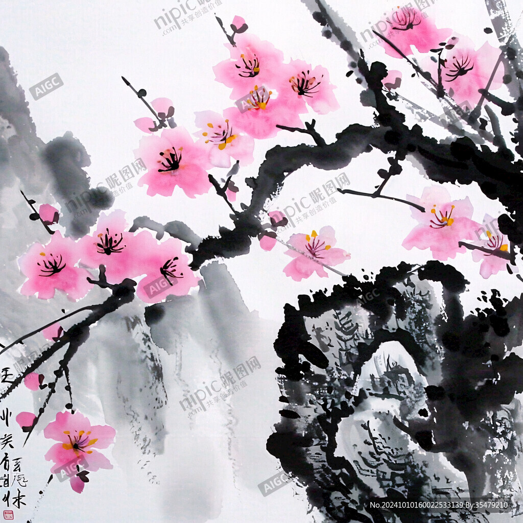 桃紅色桃花運(yùn)國(guó)畫(huà)