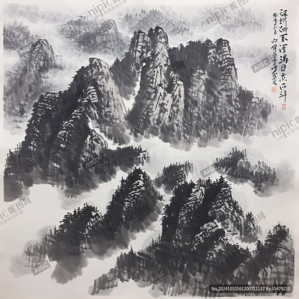 國畫松石云霧遠山