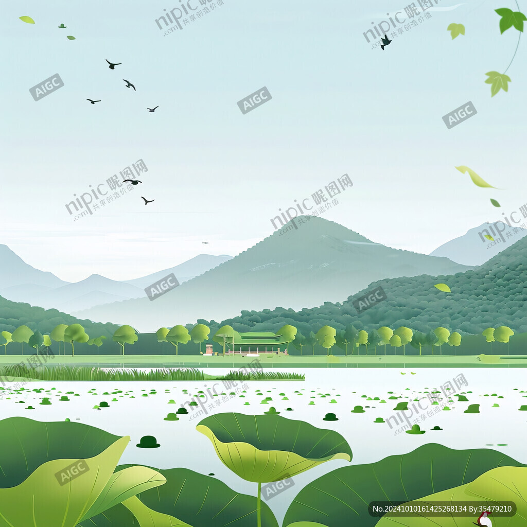 釣魚垂釣荷塘荷葉山巒