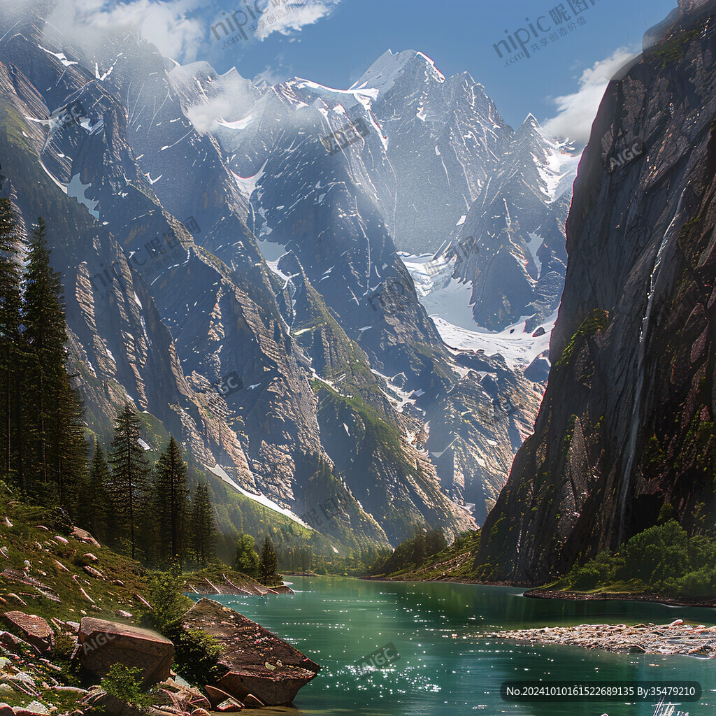 雪山河流油畫