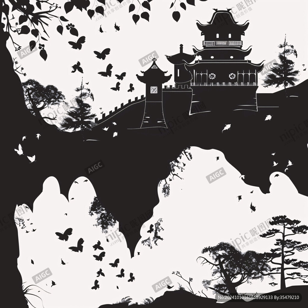 樓閣亭臺畫線描背景