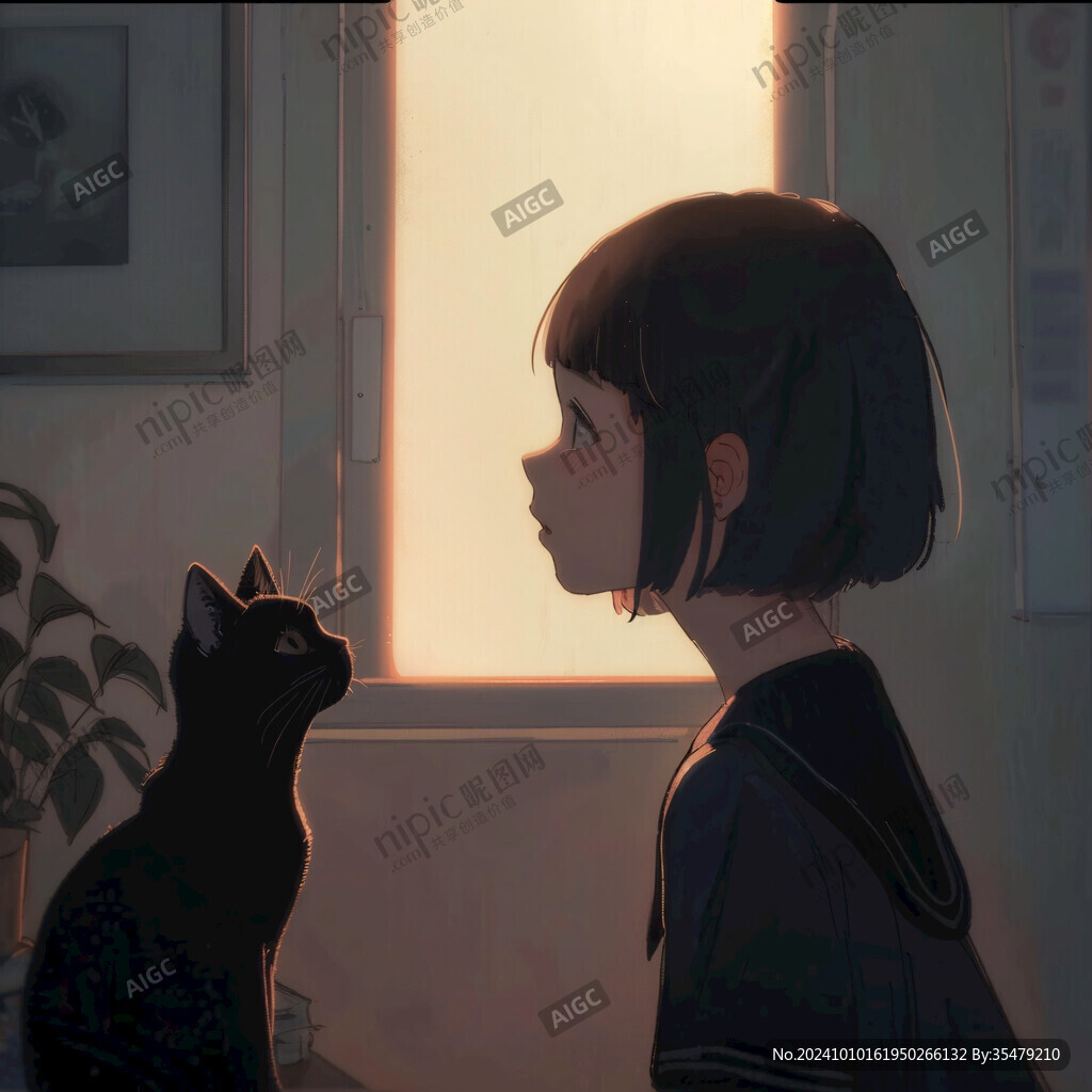 擼貓少女插畫