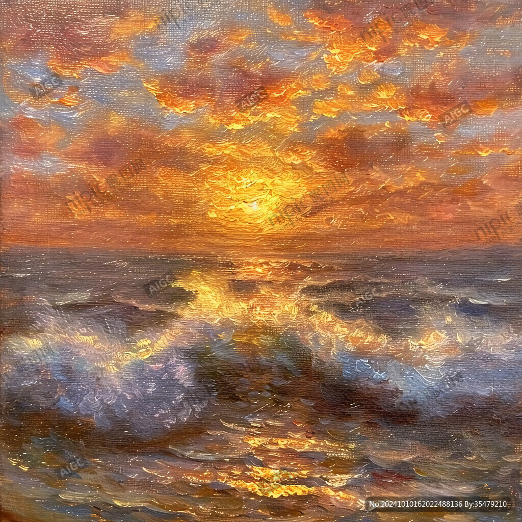 海上日出油畫