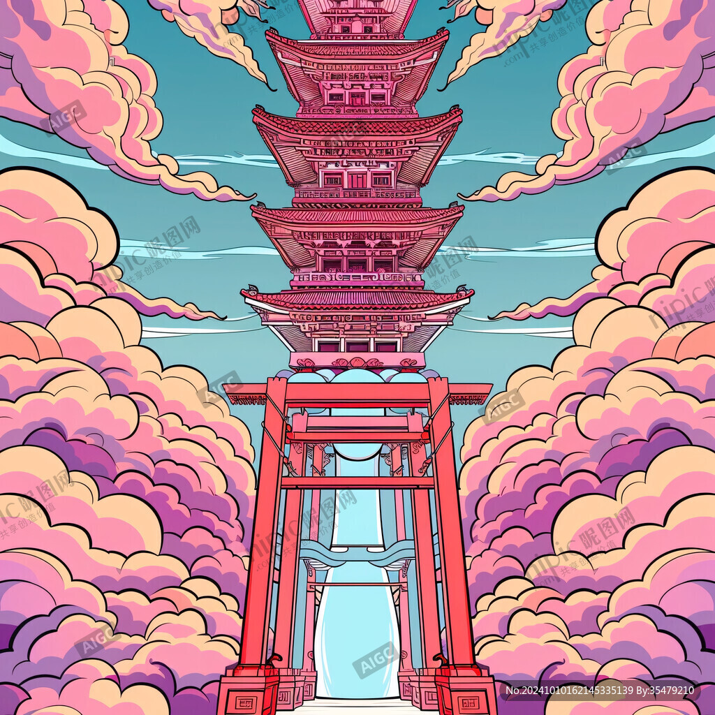 國潮六和塔手繪插畫