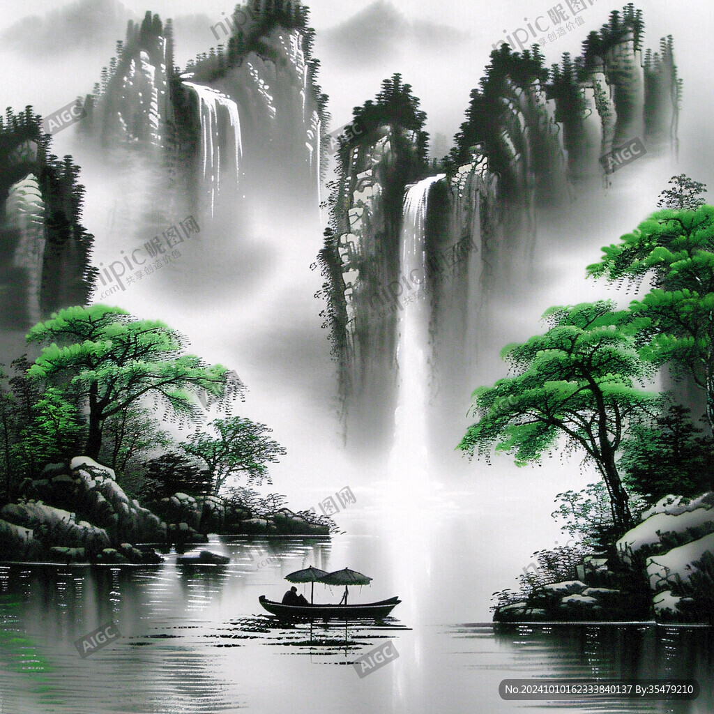 手繪風(fēng)景畫煙霧山水畫