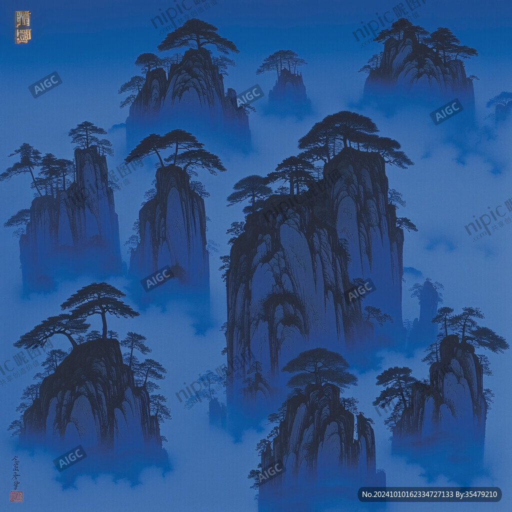 國潮迎客松水墨山
