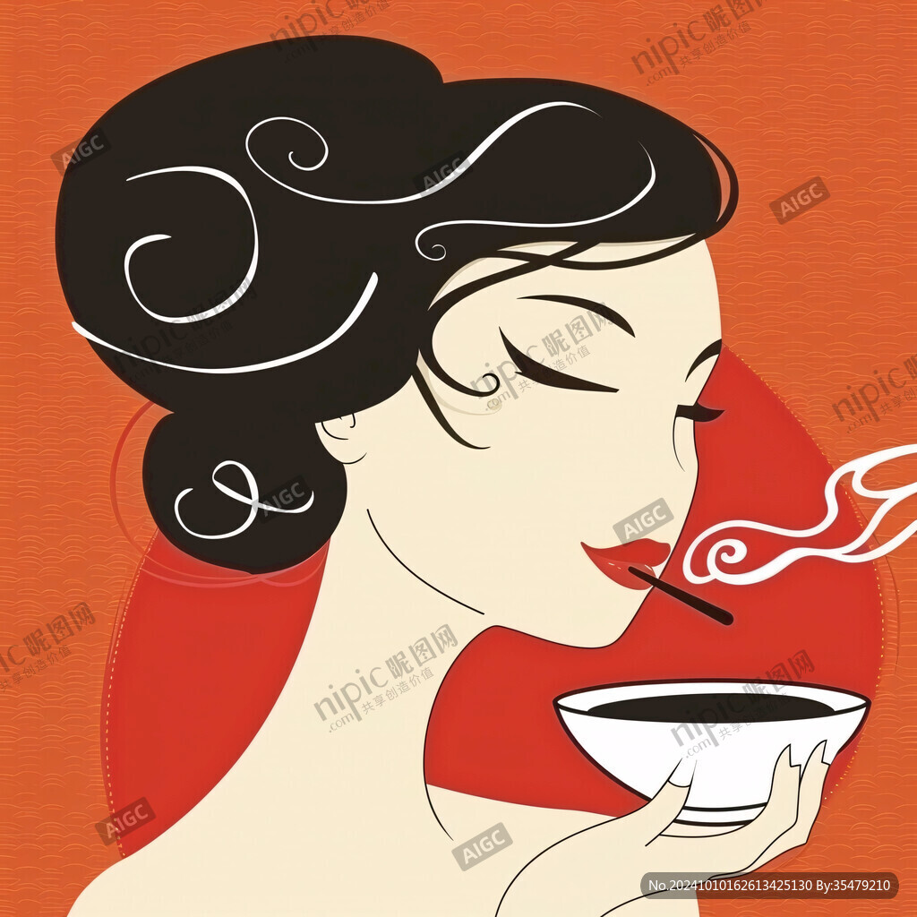喝茶的旗袍美女插畫