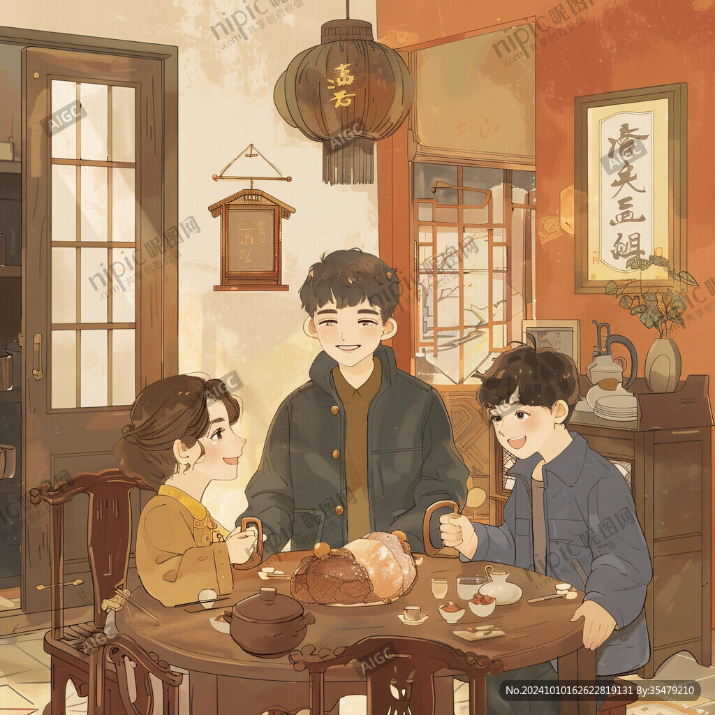 一家人吃年夜飯插畫