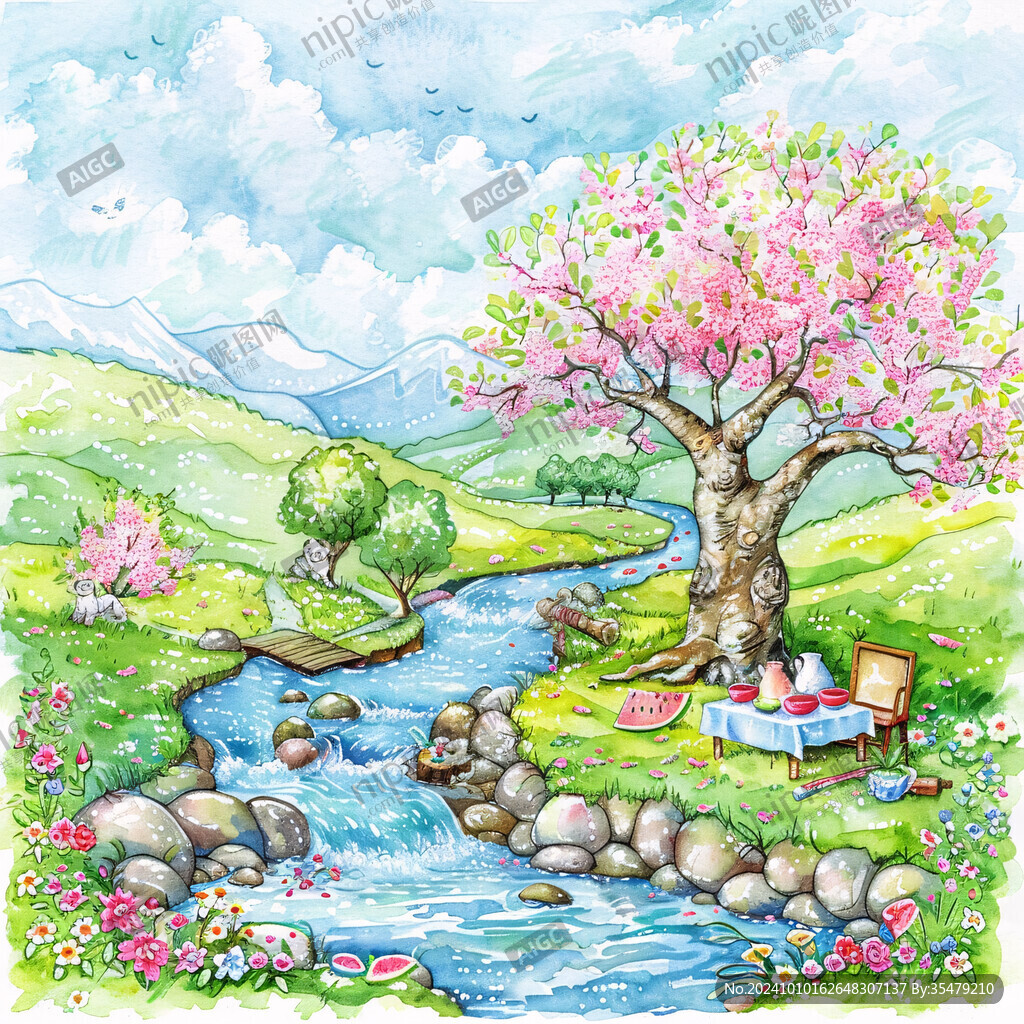 水彩春天風(fēng)景畫