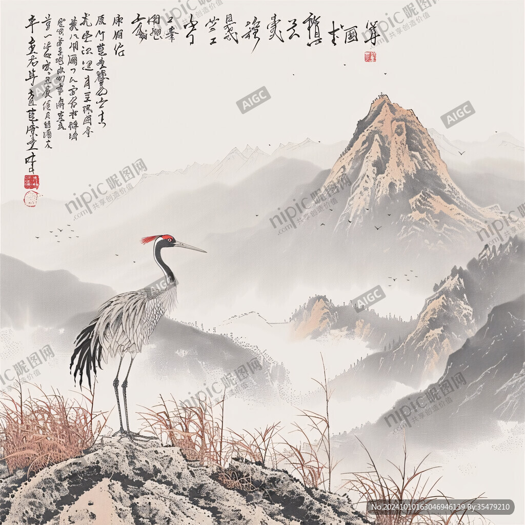 手繪金碧山水仙鶴圖