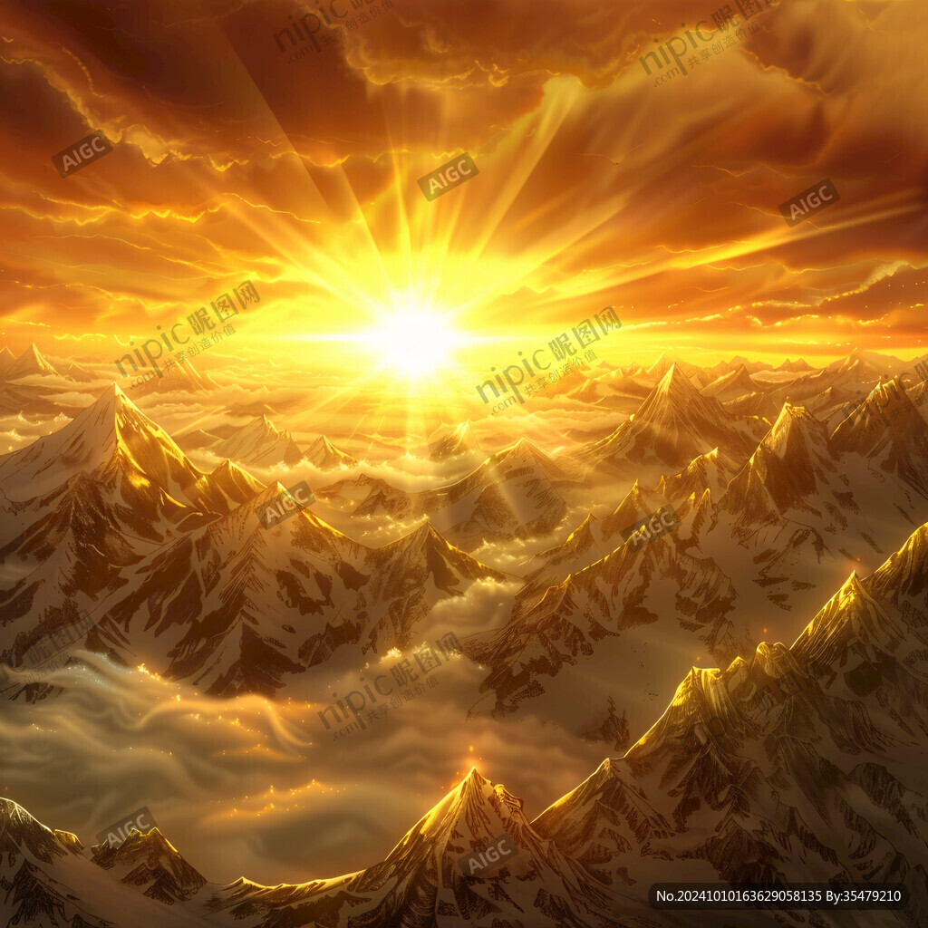 雪山金色天空油畫