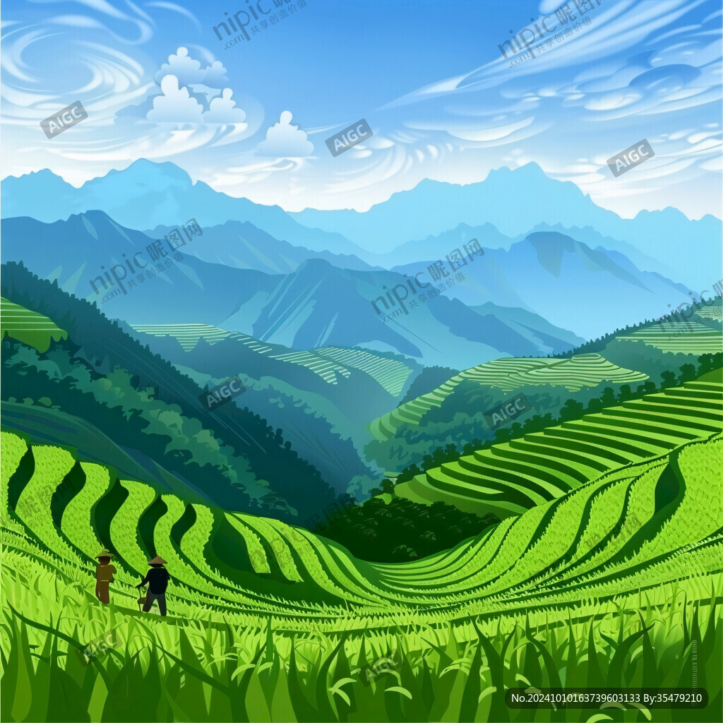 水稻梯田插畫
