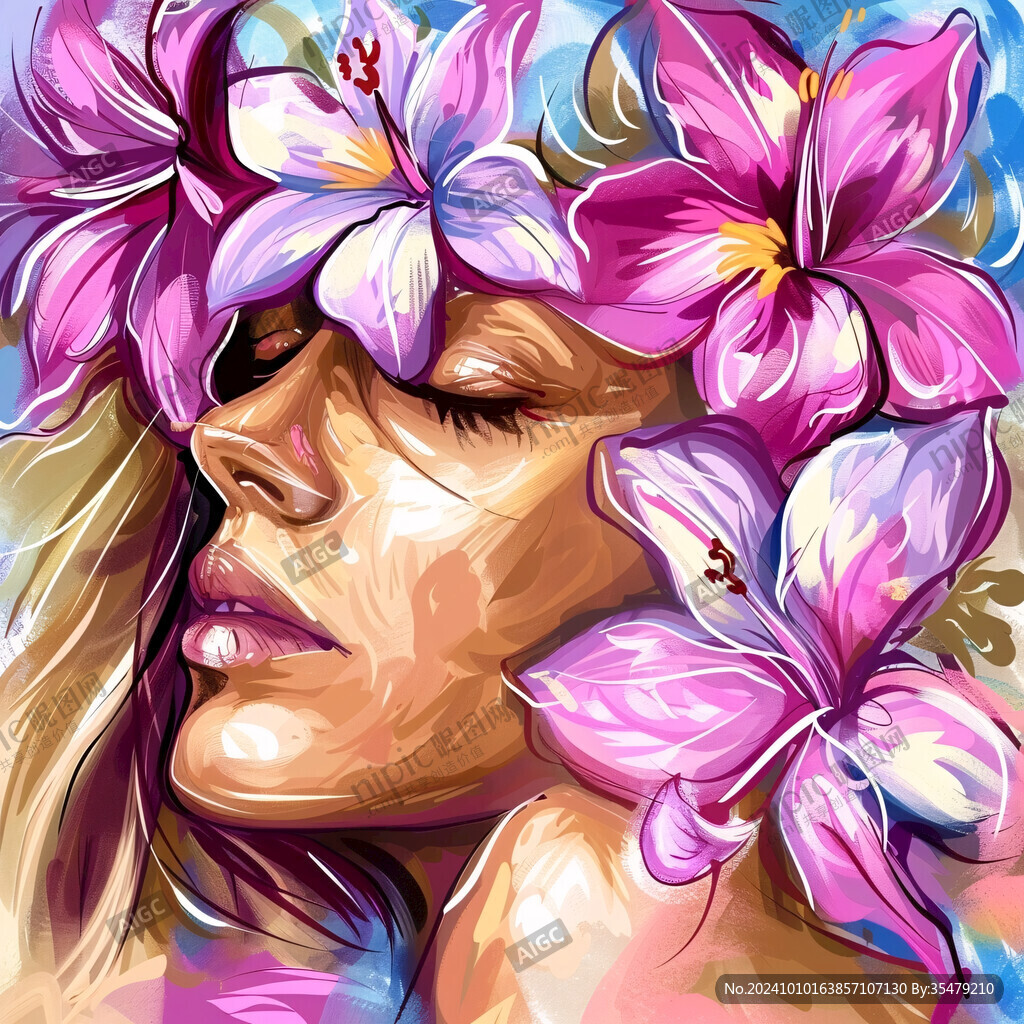 手繪百合花美女