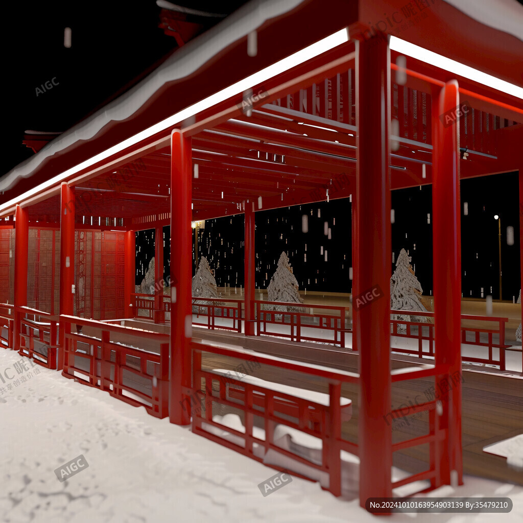 古建筑長廊雪景