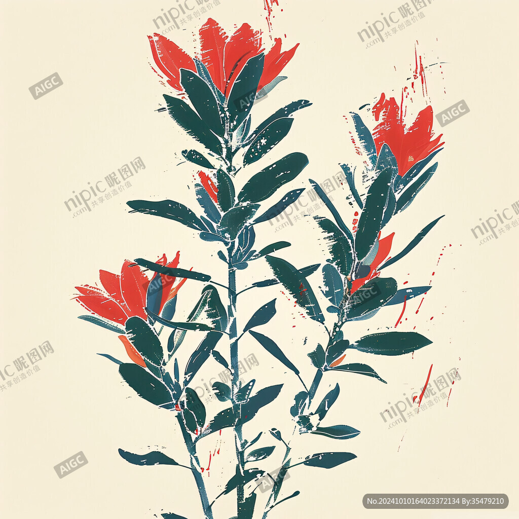 水墨畫串紅花