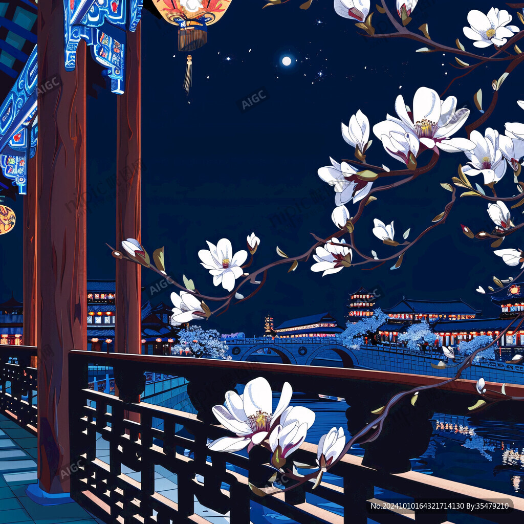 手繪玉蘭花閣樓插畫