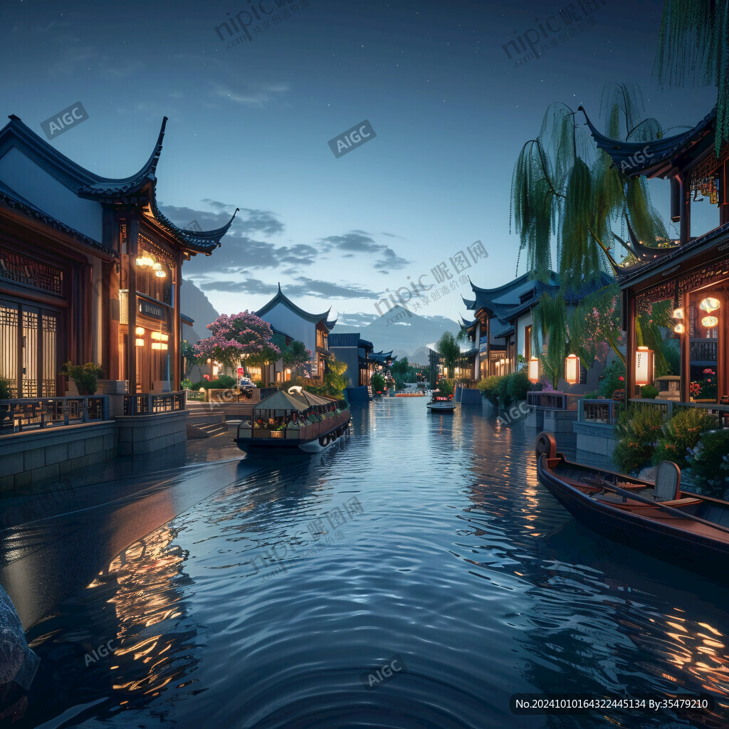 中式建筑水鄉小村夜景
