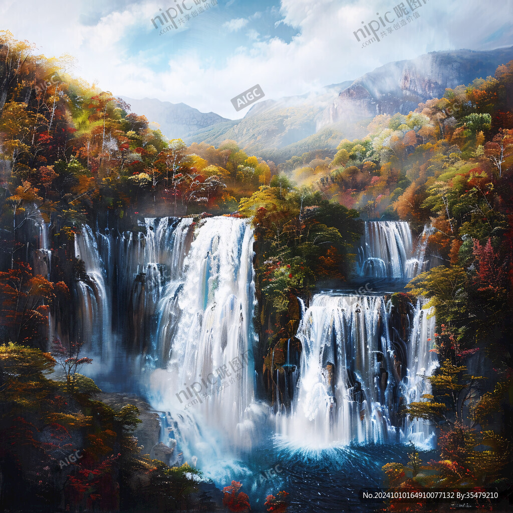 山水風(fēng)景油畫瀑布