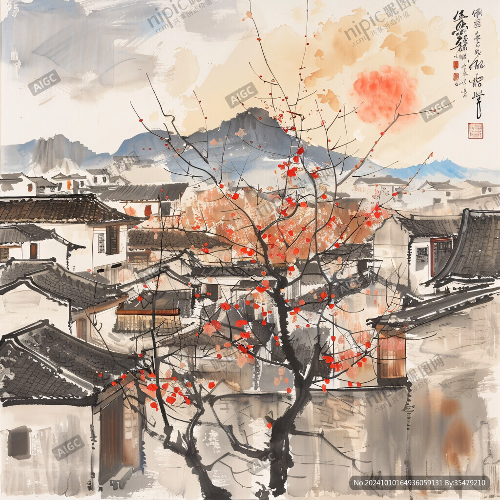紅色宏村插畫宏村水彩