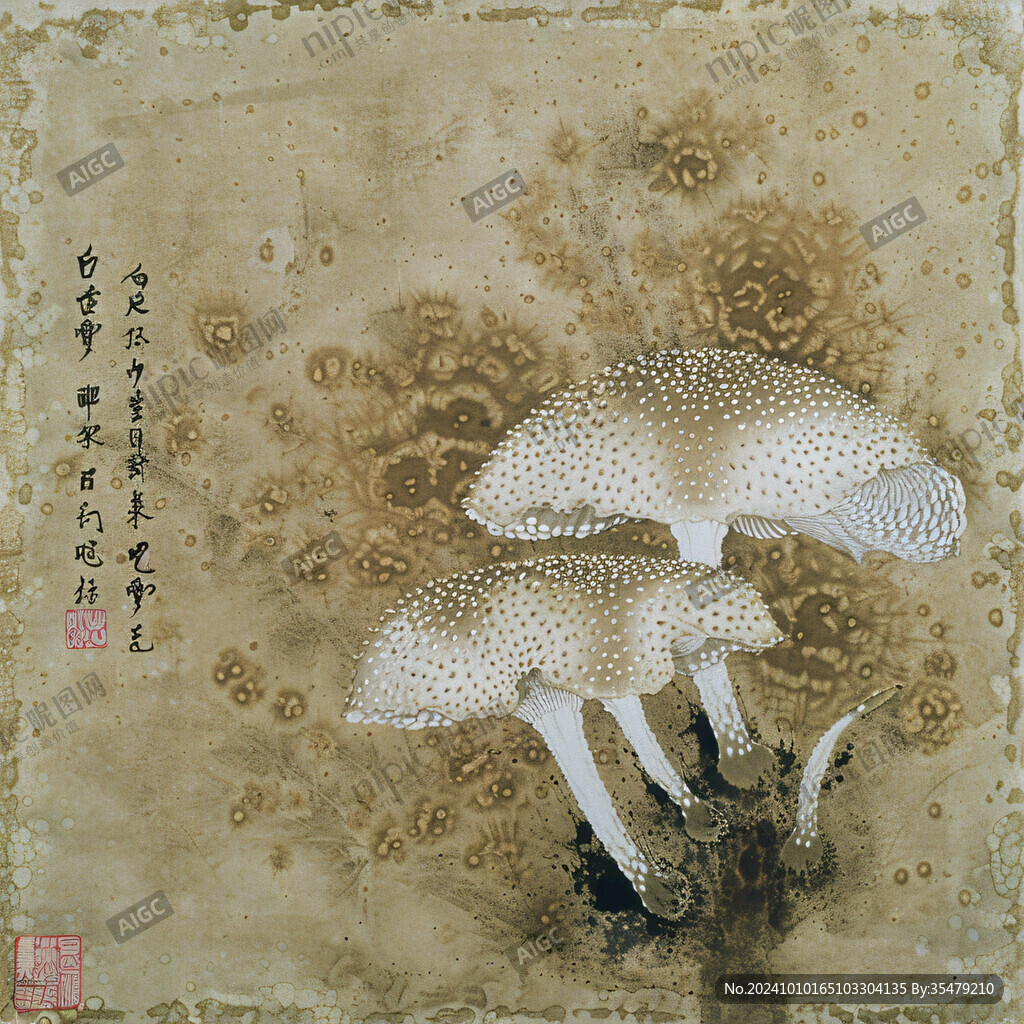 靈芝燙金白描