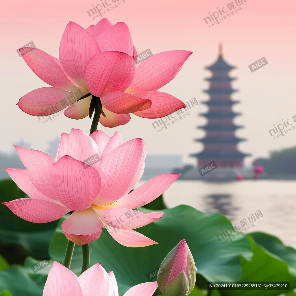 蓮花荷花盛開的江南