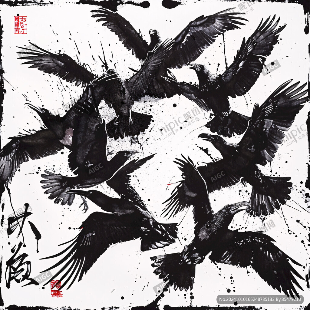 飛鳥水墨圖