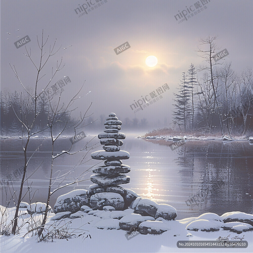 池塘石頭雪景