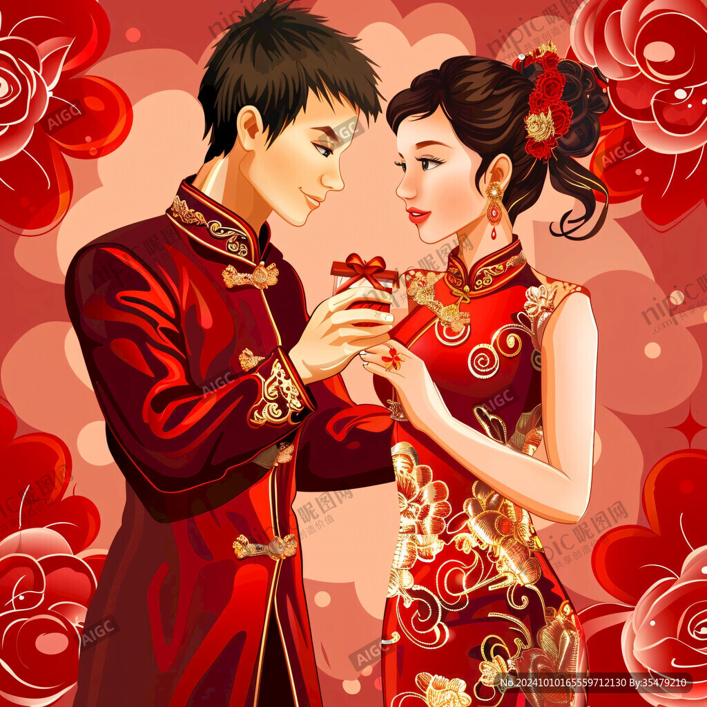 中式婚禮手繪新郎新娘