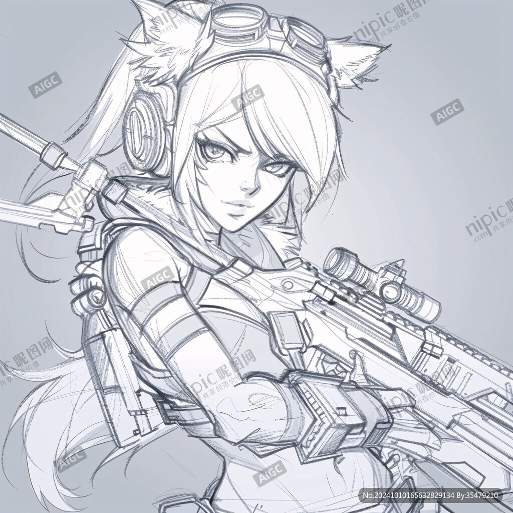 少女卡通漫畫線稿插圖