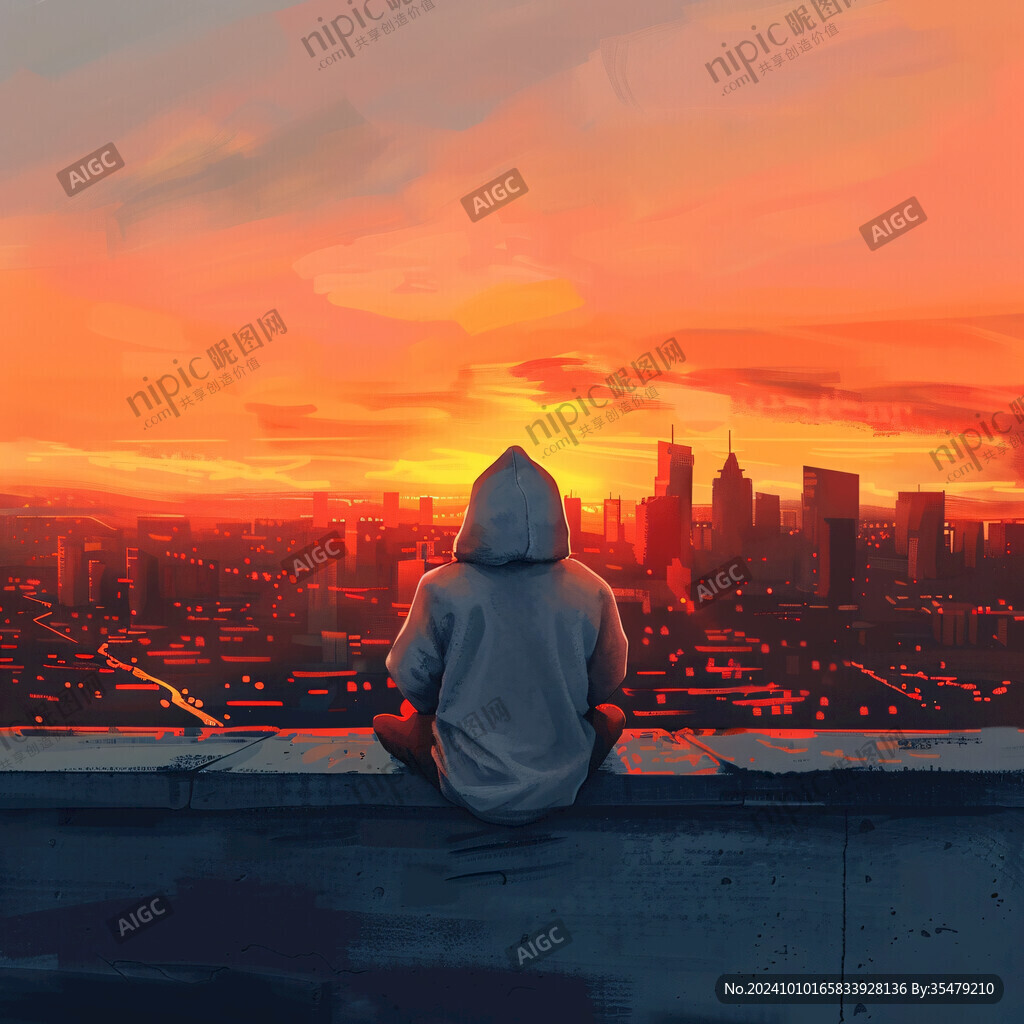 插畫城市夕陽