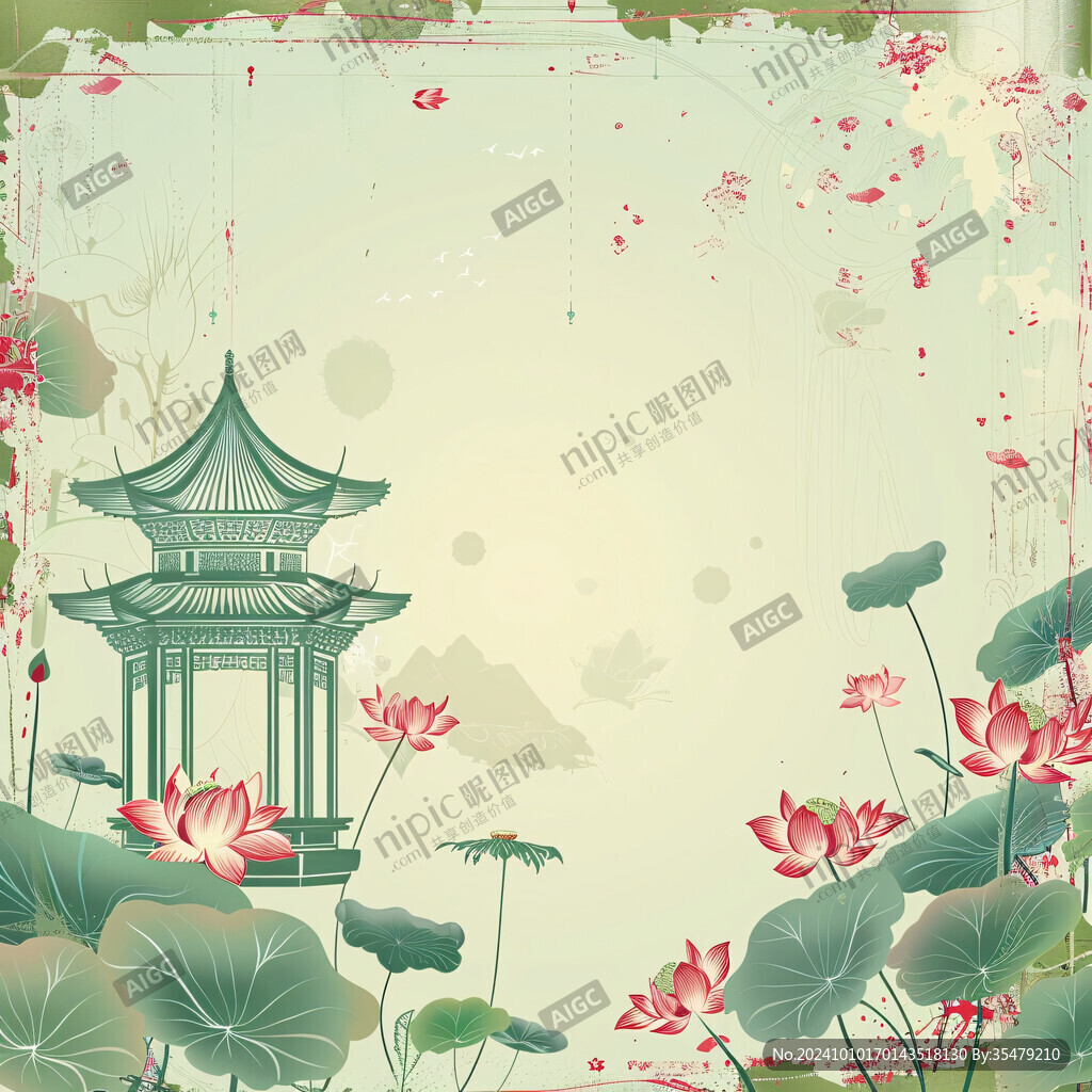 古風亭子荷葉池塘插圖