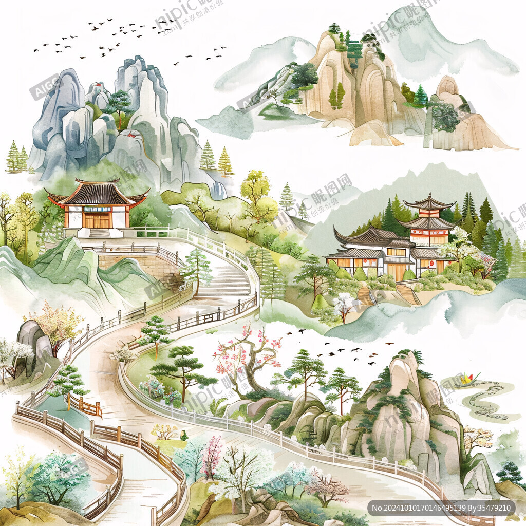 手繪描金亭臺樓閣山水