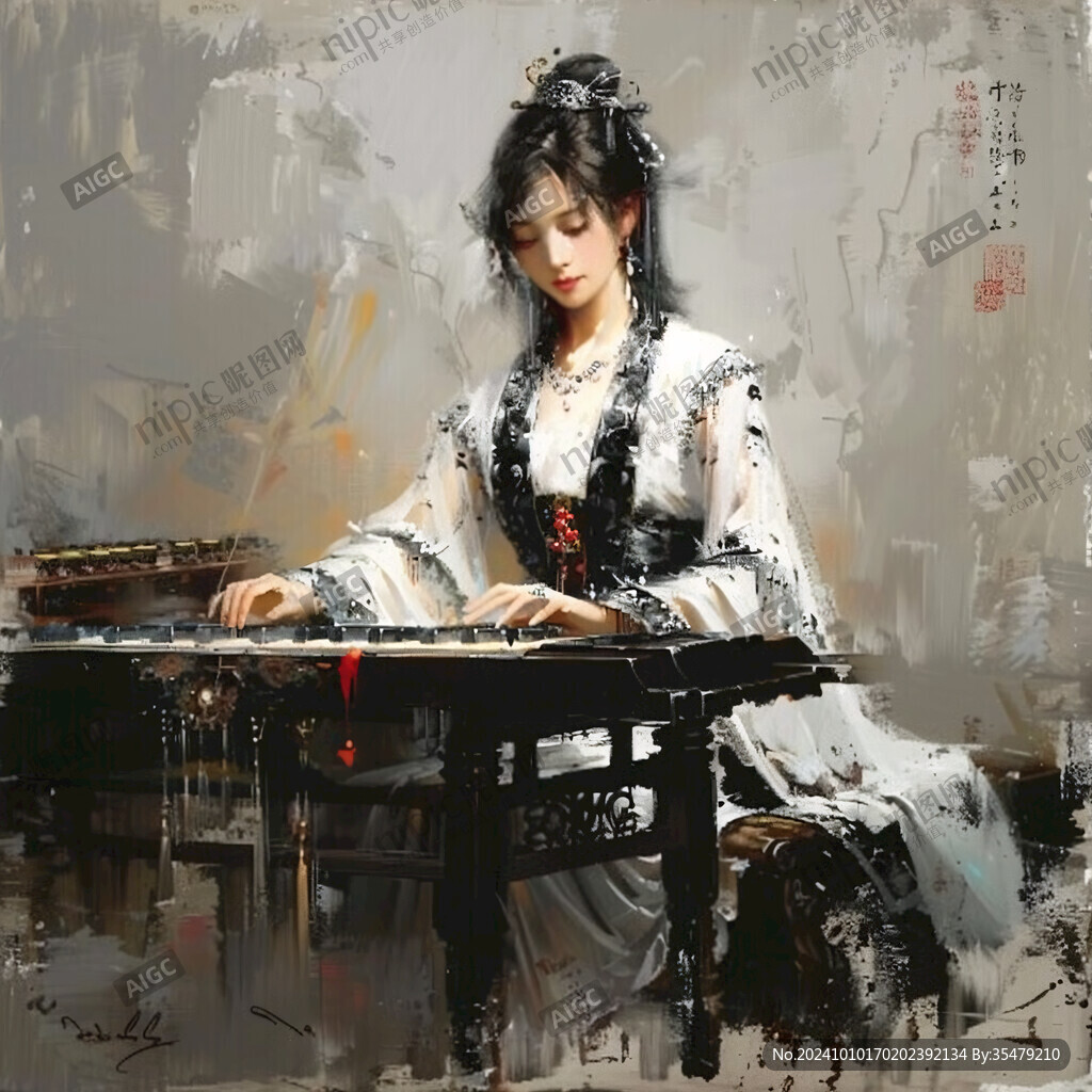 手繪彈琴美女