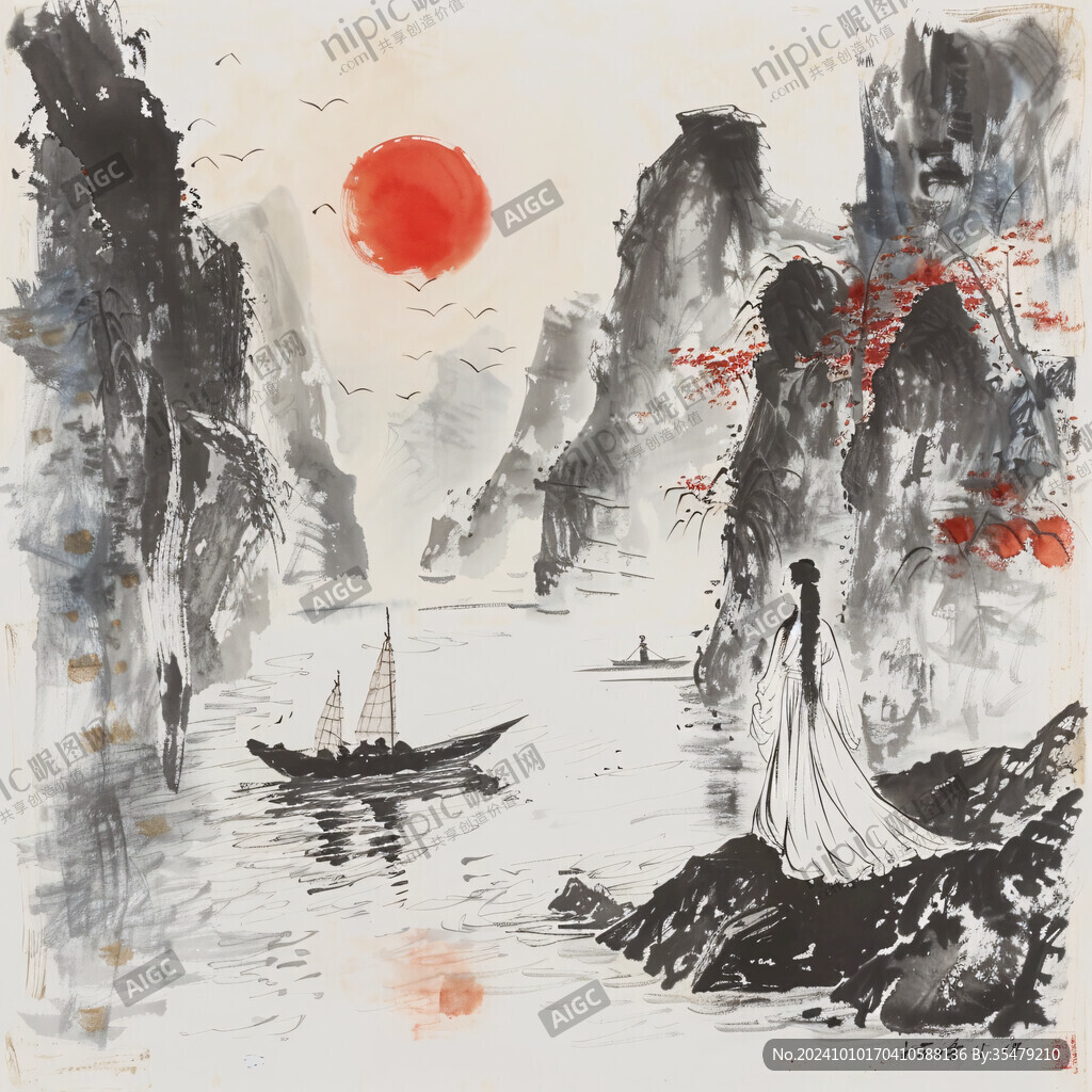 水墨山水畫帆船