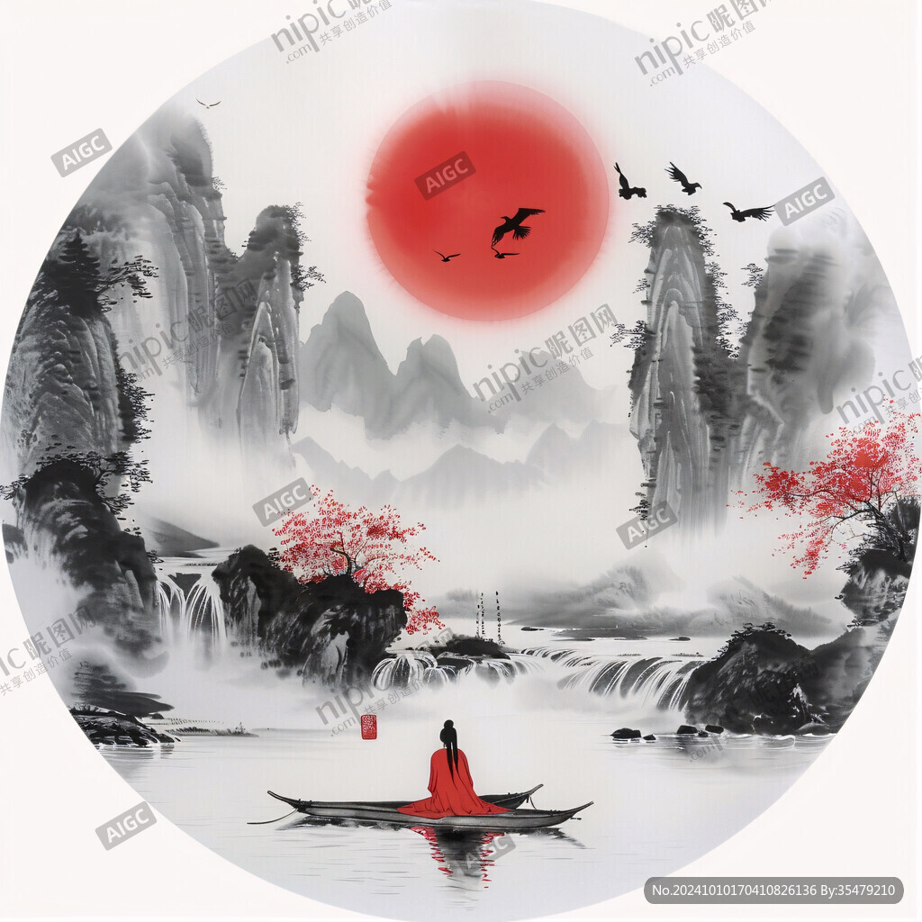 禪意山水圓形畫