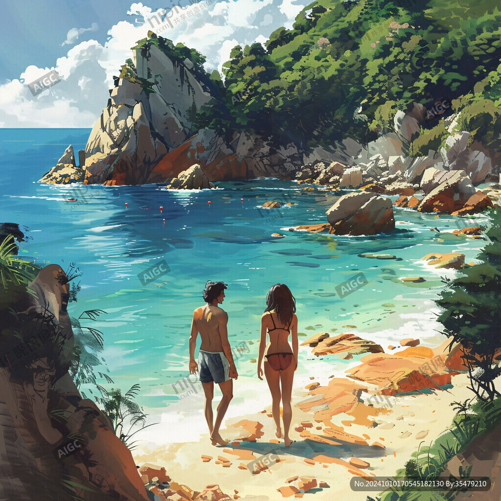 海邊穿泳裝的情侶