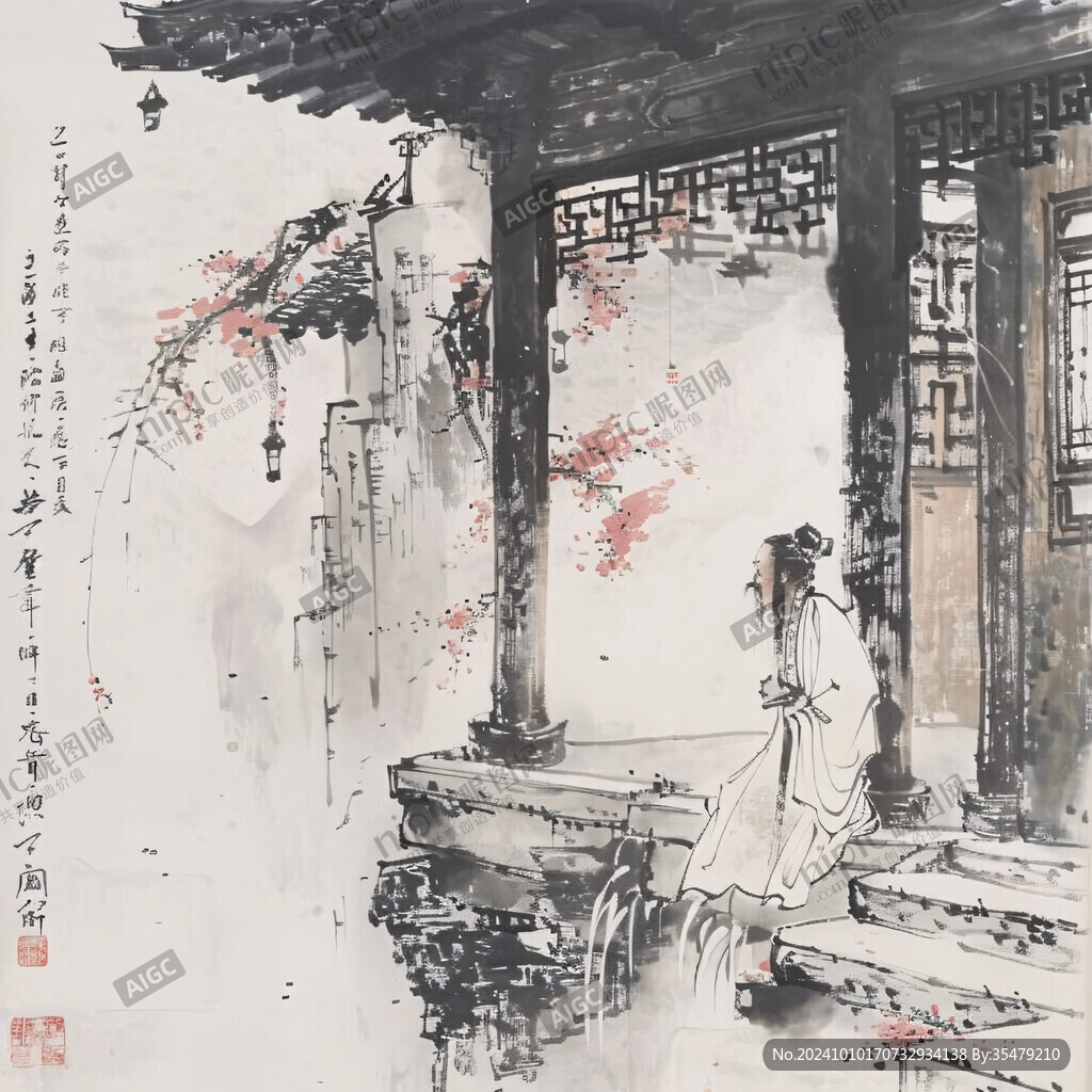 古代庭院春節(jié)水墨畫