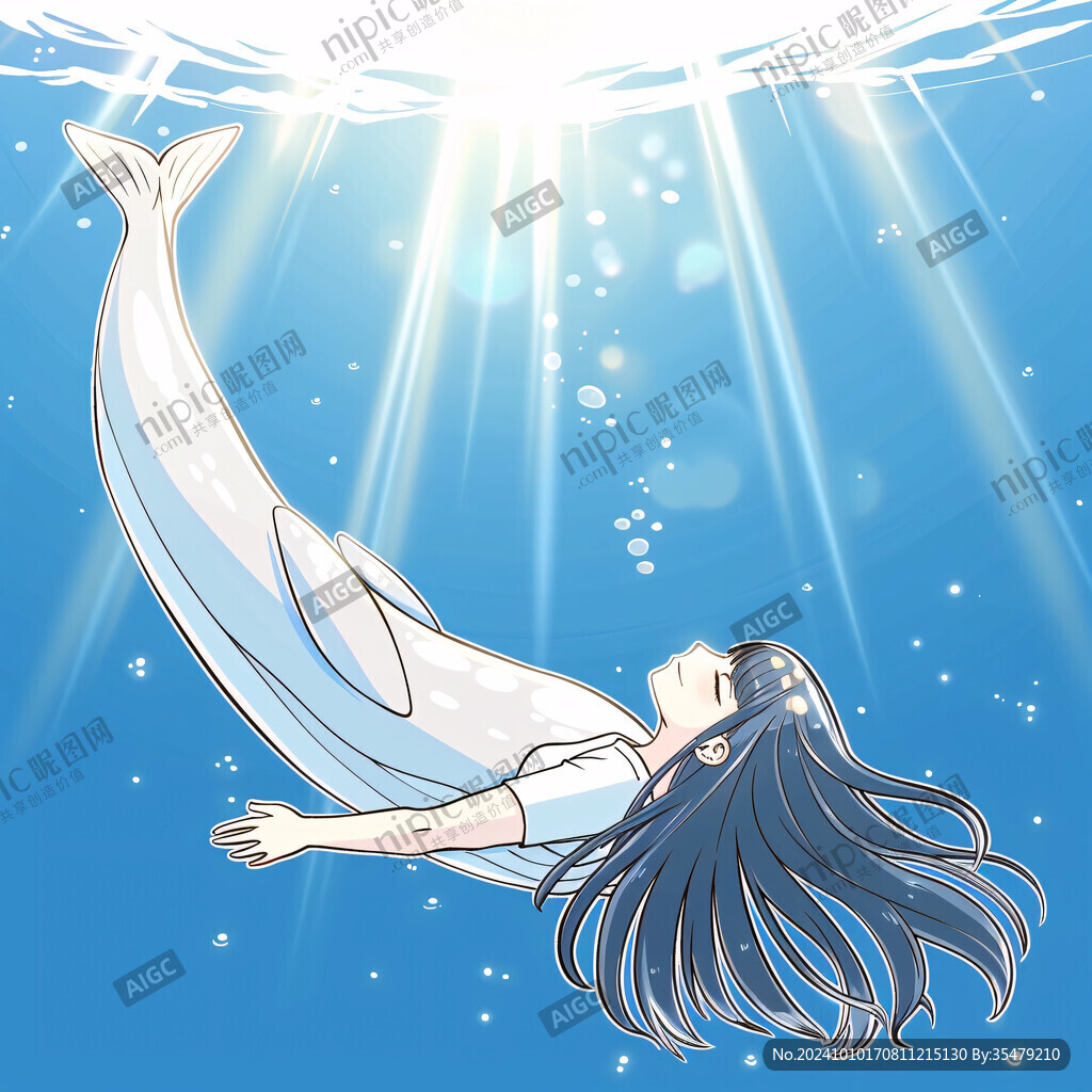 手繪女孩潛水氣泡插畫