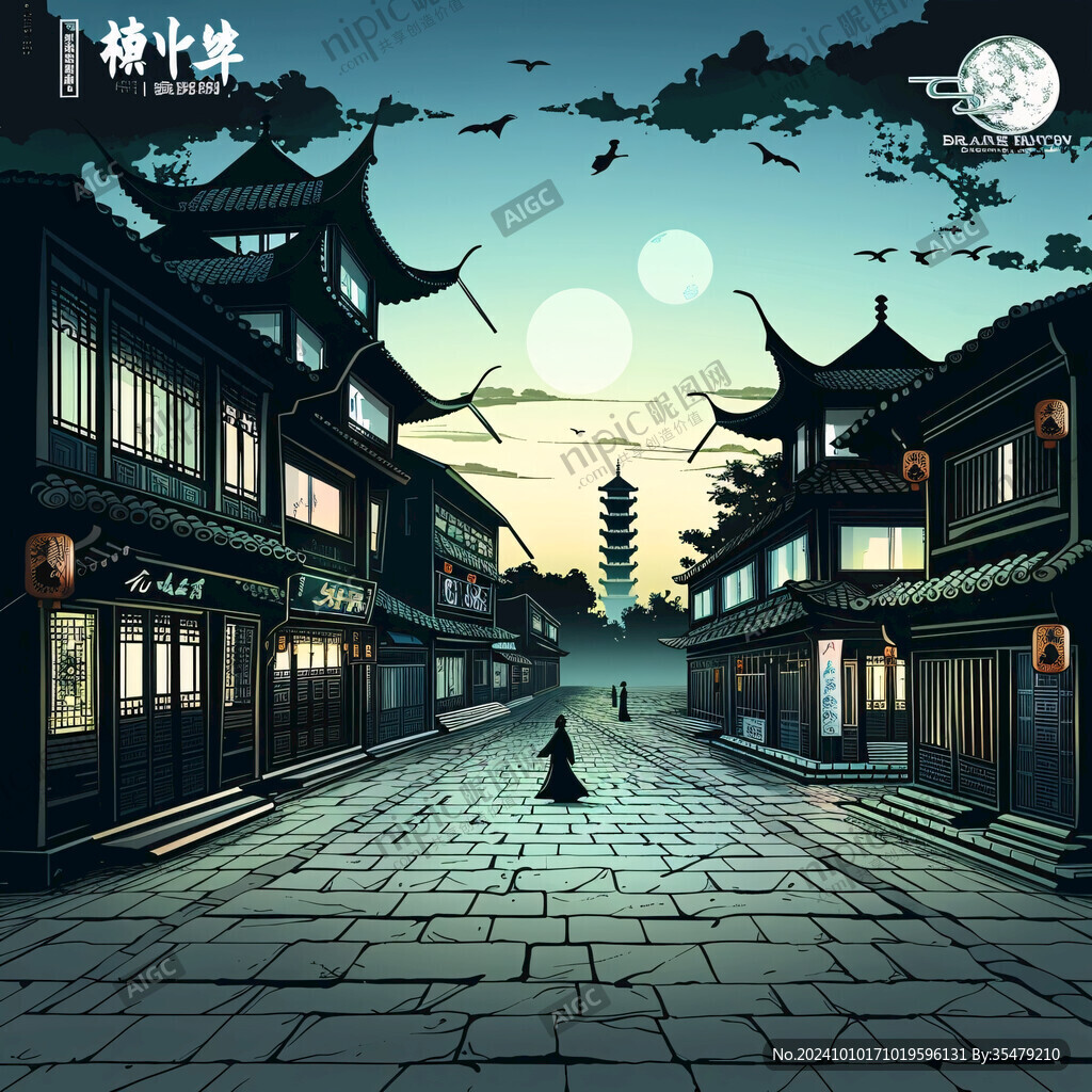 中秋夜晚古鎮夜景