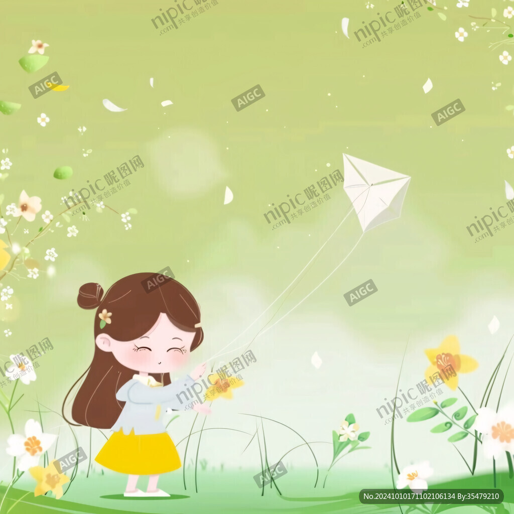 春天女孩放風箏插畫