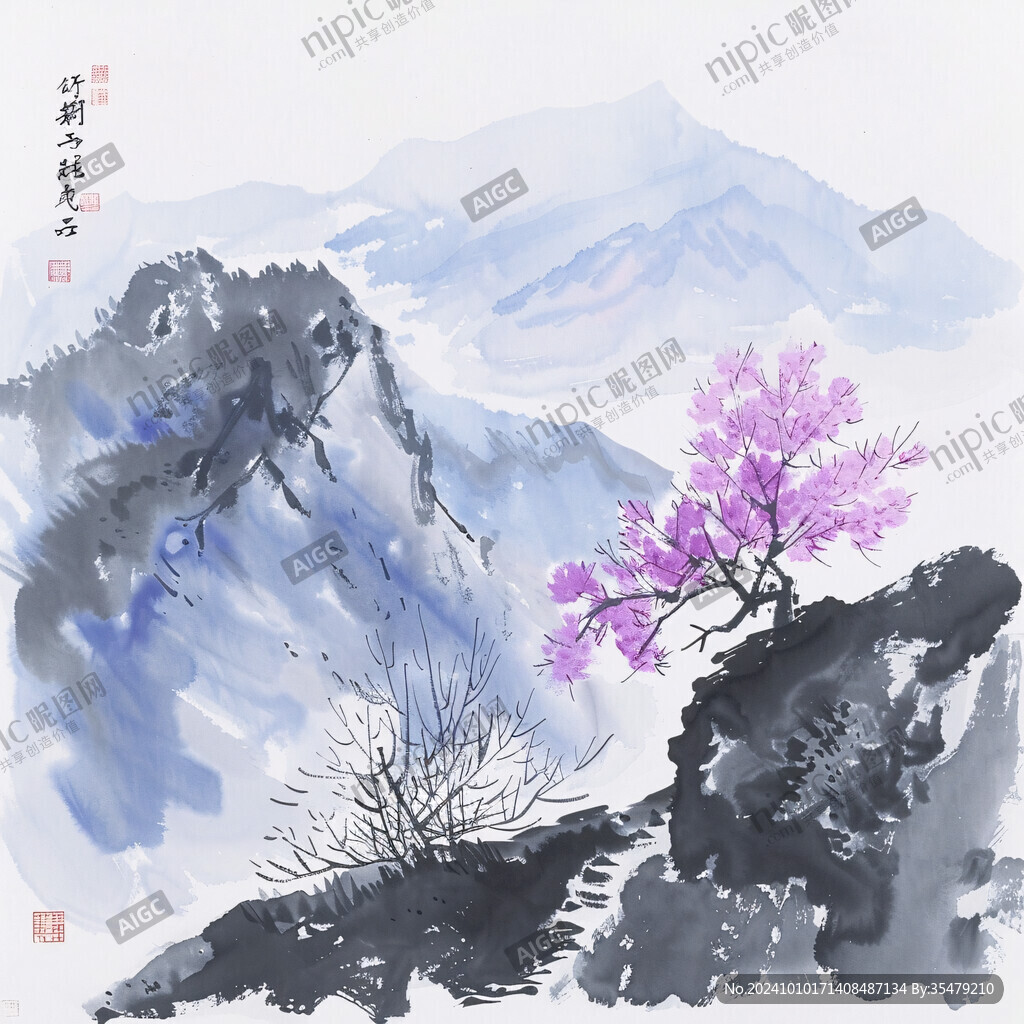 韓國彩繪山水水墨畫