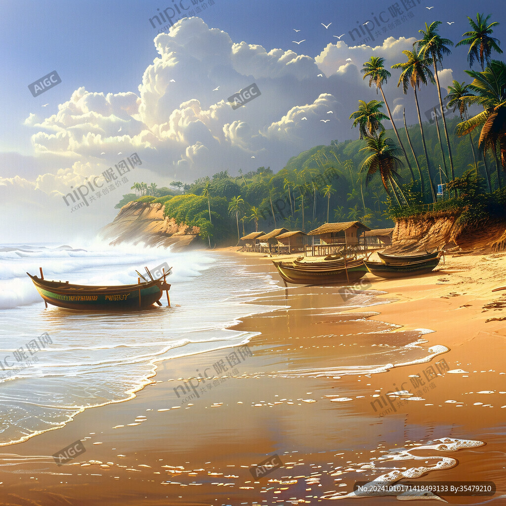 海洋島嶼沙灘漁船風(fēng)景