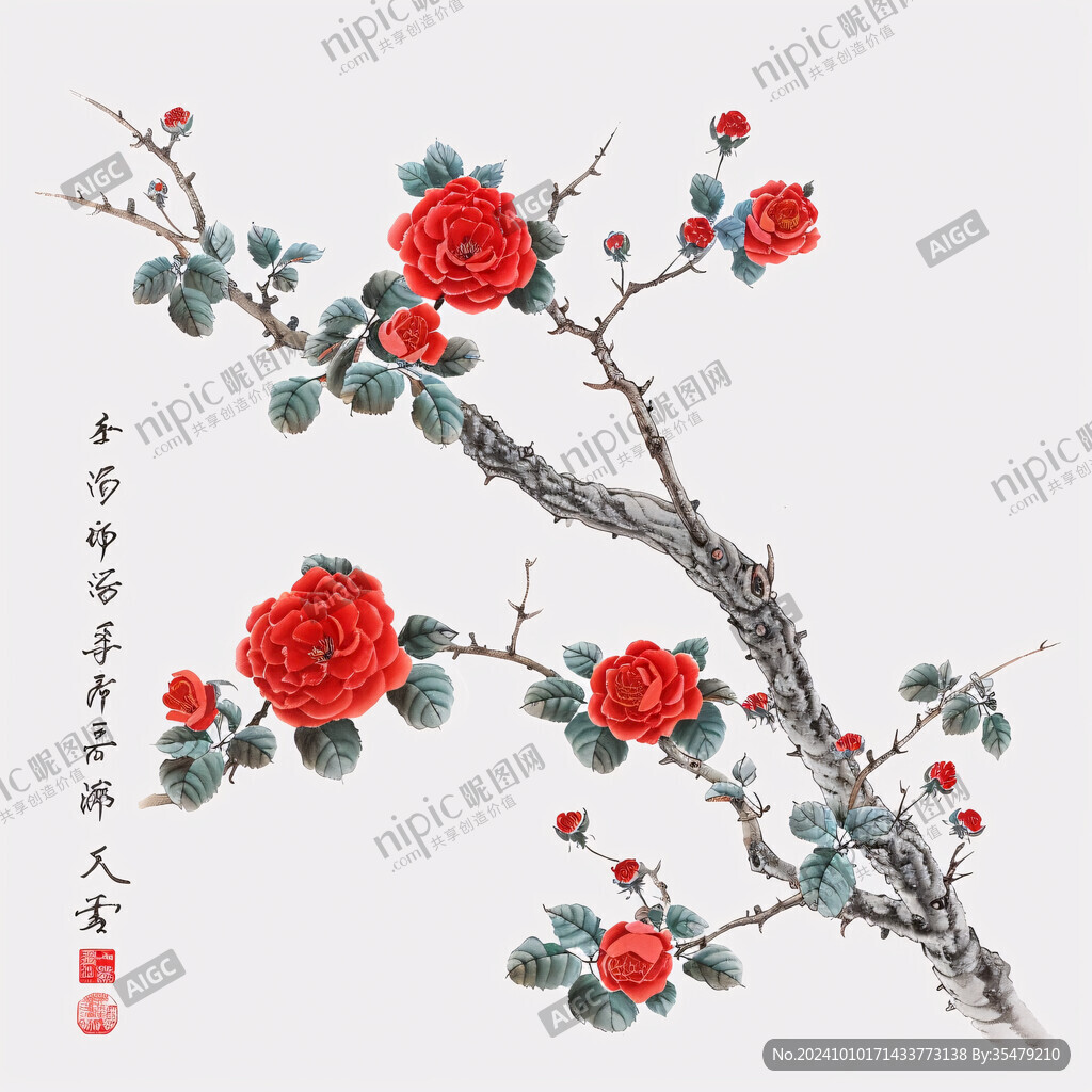 工筆手繪紅墻梅花