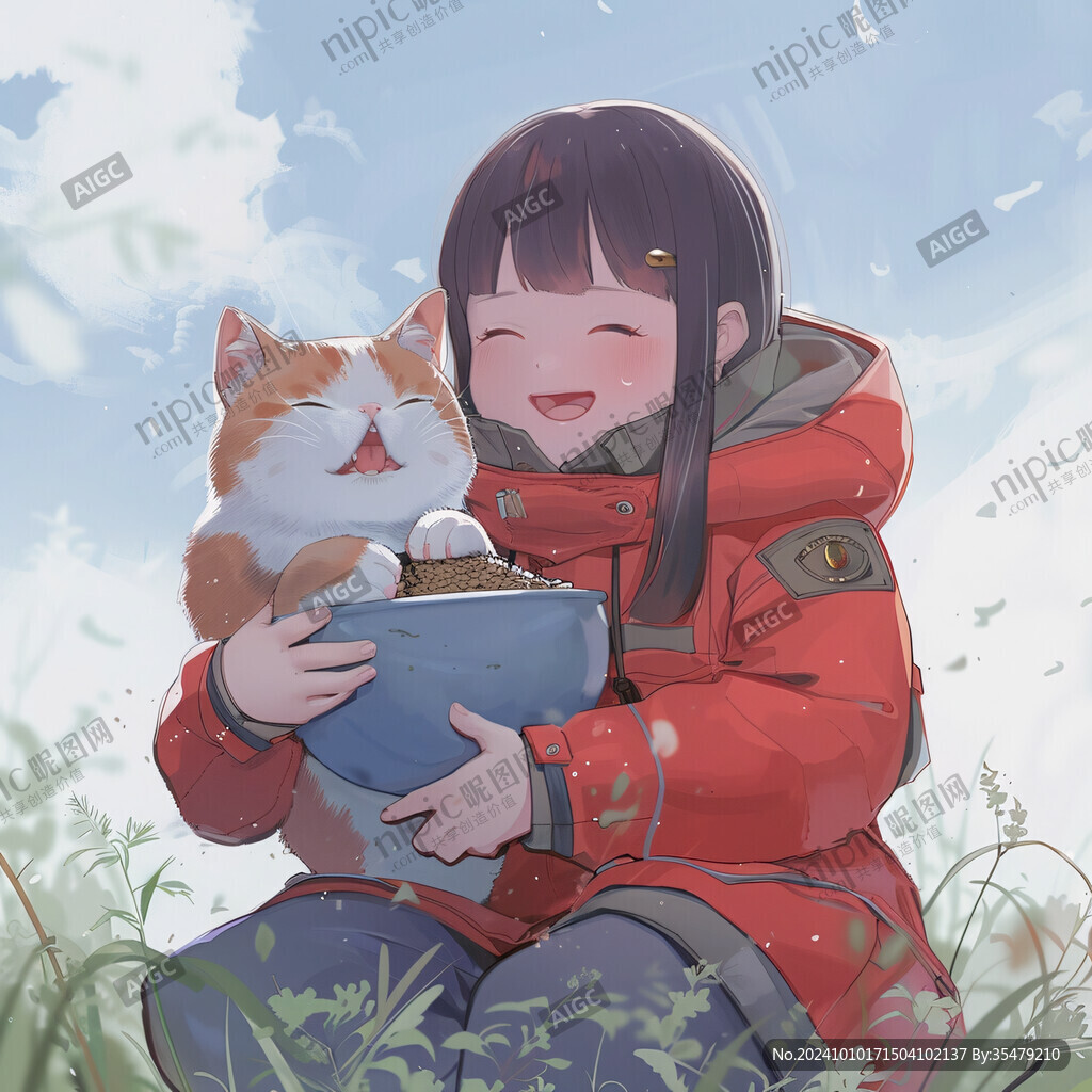 踏青的小女孩和貓