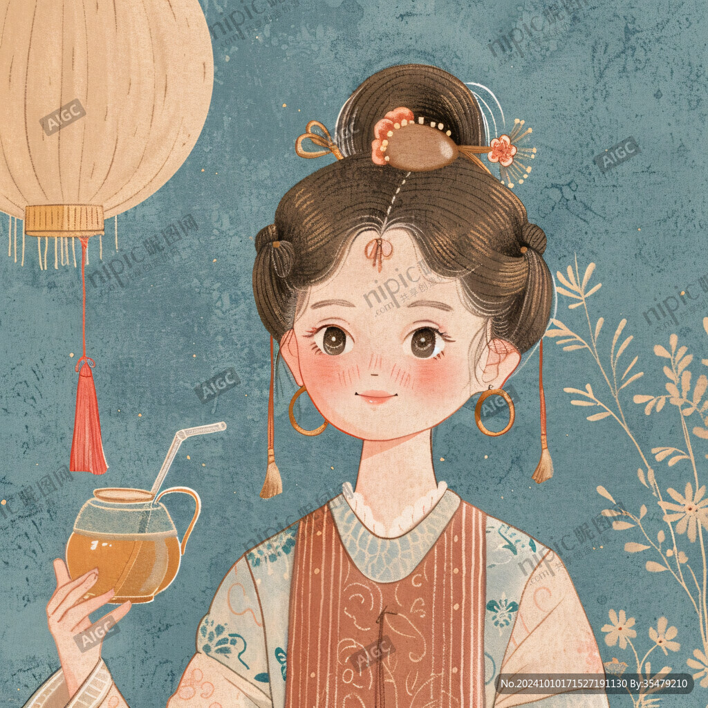 可愛古裝女孩大米插畫
